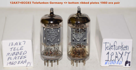 (!!!!) (Best Pair #2 - best value) 12AX7 Telefunken Germany <> bottom ribbed plates used/very good 1960 era (0.9/1.0ma and 1.0/1.1ma) 1-5% matched (close Gm)