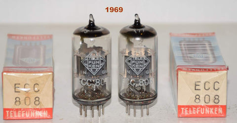 (!!!!) (BEST PAIR #1) ECC808=6KX8 Telefunken Diamond Bottom NOS 1969 (1.2/1.2ma and 1.3/1.4ma)