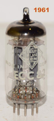 (!!!!) (slightly microphonic single) ECC82=12AU7 Telefunken Diamond Bottom smooth plates NOS 1961 (10.0/10.8ma) (high Gm)