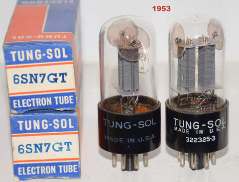 (!!!!!) (2nd Best Pair) 6SN7GT Tungsol parallel gray plates large O mica NOS 1953 (6.4/6.6ma and 6.4/6.8ma) (rare version) (Cary, Rogue)