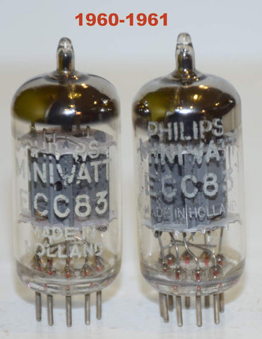 (!!!!!) (Best Pair 1960-1961) 12AX7=ECC83 Philips Miniwatt Holland large getter halo 