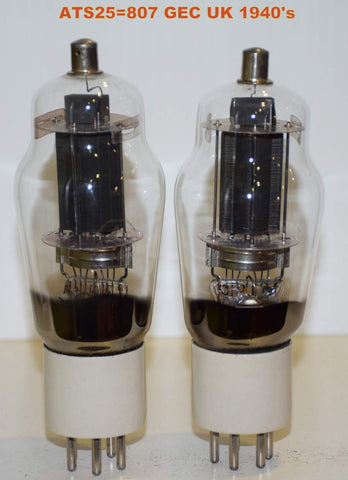 (!!!!) (Best Pair) 807=ATS25 GEC England black oval plate ceramic base NOS 1940's glass chip inside each tube (79ma and 84ma) (same Gm)