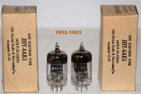 (!!!!) (Recommended Pair) JHY-6AK5 Hytron black plate NOS 1952-1953 (7.5ma and 7.6ma)