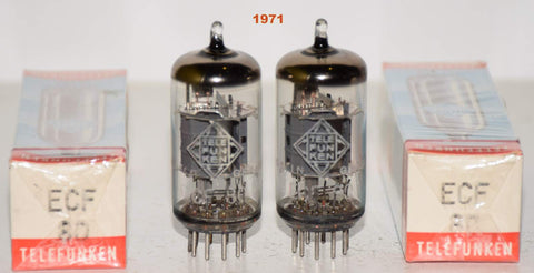(!!!!!) (Best Pair #2) ECF80=6BL8 Telefunken Germany <> bottom NOS 1971 (11.5/9.6ma and 12.2/9.5ma) (best sound) 1-3% matched