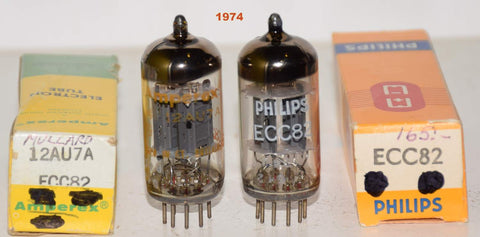 (!!!!) (Recommended Pair) 12AU7A Amperex and Philips by Mullard UK NOS ribbed plates 1974 (10.6/11.6ma and 10.4/11.2ma) (DAC, linestage)