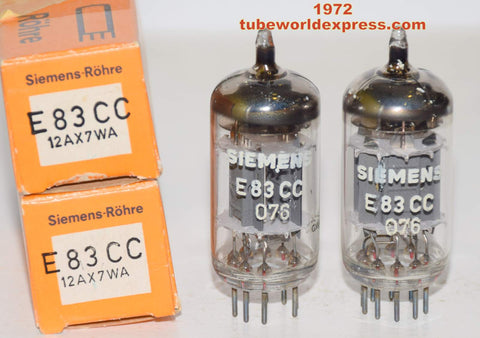 (!!!!!) (Best Siemens Pair 1972) E83CC=12AX7 Siemens Halske Germany NOS triple mica 1972 printed in 1976 (1.0/1.3ma and 1.1/1.3ma) (best in phono stages and high end preamps)