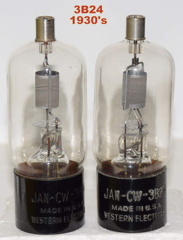 (PAIR) JAN-CW-3B24 Western Electric engraved base tests like new 1930's (59-60/40 x 2 tubes)