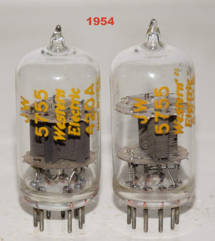 (!!!!) (Best Pair) JW-5755=420A Western Electric clear tops test like new 1954 (2.3/2.0ma and  2.5/2.3ma) (Same Gm)