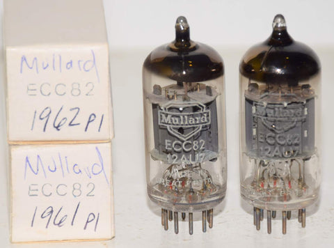 (!!!!!) (PAIR 1961-1962) 12AU7=ECC82 Mullard BVA UK ribbed plates NOS 1961-1962 (10/8.6ma and 10/8.8ma) (close Gm) 1-3% matched