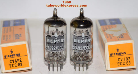 (!!!!!) (3rd Best Siemens Pair 1968) CV492=ECC83=12AX7 Siemens Halske Germany NOS 1968 1% matched (1.1/1.1ma and 1.1/1.1ma) (best in phono stages and high end preamps)