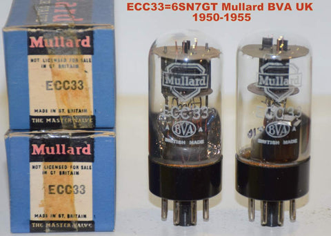 (!!!!!) (Recommended Pair) ECC33=6SN7GT Mullard UK black plates NOS pan shape getter halo 1950-1955 era (8.6/9.6ma and 8/10ma) (best sounding ECC33 of all-time)