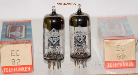 (!!!!) (Best Value Pair) EC92=6AB4 Telefunken Germany <> bottom NOS 1964-1965 (7.3ma and 7.0ma) (same Gm) (mic)