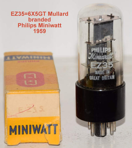(!!!) (Best Value Single) EZ35=6X5GT Mullard UK rebranded Philips Miniwatt gray plates NOS 1959 (54/40 and 56/40) (best sounding 6X5GT)