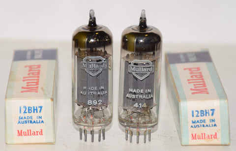 (!!!!!) (Best Pair #2) 12BH7 Mullard Australia by AWA gray ribbed plates NOS 1960's (11.8/10.7ma and 13.5/10.2ma) 1-5% matched (close Gm) (similar sound to RCA) (rare)