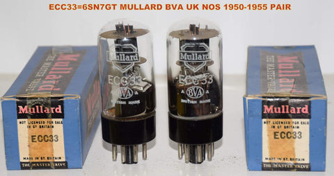 (!!!!!) (Recommended Pair) ECC33=6SN7GT Mullard UK black plates NOS pan shape getter halo 1950-1955 era (10.2/8.6ma and 9.5/8.6ma) (best sounding ECC33 of all-time)