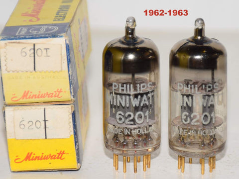 (!!!!) (Best 6201 Pair) 6201=E81CC=12AT7 Valvo Hamburg Germany branded Philips Miniwatt SQ NOS 1962-1963 (10.0/10.6ma and 10.0/10.8ma) 1-2% matched