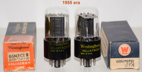 (!!!) (Best Pair) 6SN7GTA Westinghouse USA black plates NOS 1955 era (7.0/7.6ma and (7.0/7.9ma)
