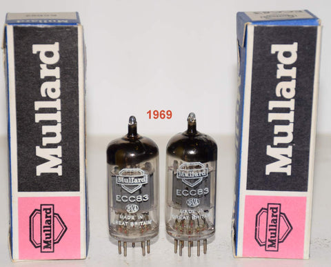 (!!!!!) (Best Mullard Pair) 12AX7=ECC83 Mullard UK ribbed plates NOS 1969 same date codes (1.4/1.1ma and 1.3/1.2ma)