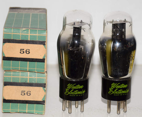 (!!!) (Best Pair #3) 56 Sylvania black plate NOS 1940's branded Western Electronics 1946 slightly tilted glass (5.5ma and 5.6ma) (same Gm)