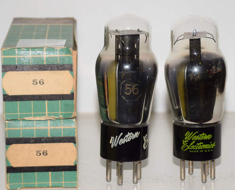 (!!!) (Best Pair #2) 56 Sylvania black plate NOS 1940's branded Western Electronics 1946 slightly tilted glass (5.9ma and 6.0ma)