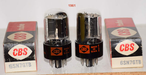 (!!!!) (BEST PAIR) 6SN7GTB CBS SHORT BOTTLE NOS 1961 same date codes (8.4/8.5ma and 8.2/8.9ma) (similar to Sylvania) (Close Gm) (Schiit Freya, Rogue, Cary)