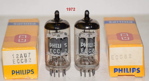 (!!!!!) (Best Pair #2) ECC82=12AU7 Philips Holland NOS 1972 same date codes (11.2/11.4ma and 11.1/11.3ma) (sweet sound) 1-2% matched (Same Gm)