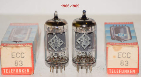 (!!!!!) (Best Pair #1) ECC83=12AX7 Telefunken Germany <> smooth plates NOS 1966-1969 (1.2/1.3ma and 1.2/1.3ma) (phono grade) 1-2% matched (Close Gm matching)