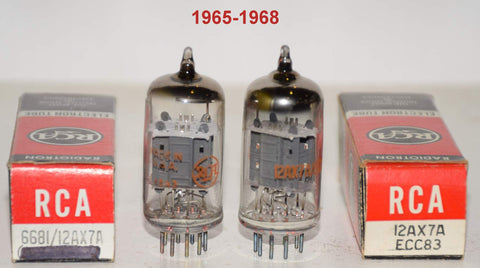 (!!!!) (Best Pair #2) 12AX7A RCA ribbed plates NOS 1965-1968 (1.4/1.0ma and 1.3/1.1ma) (Fender Rogue, McIntosh)