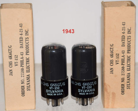 (!!!) (Best Pair #2) JAN-CHS-6K6GT=VT-152 Sylvania black plate coated glass NOS 1943 (43.5ma and 44ma) 1-2% matched