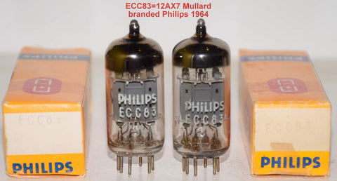 (!!!!!) (Best Pair #2) ECC83=12AX7 Mullard UK branded Philips ribbed plates NOS 1964 (163 series) (1.0/1.2ma and 1.4/1.1ma) (sweet sound) (Close Gm)