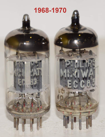 (!!!!!) (Best Value Pair) ECC83=12AX7 Philips Miniwatt Holland used/tests like new 1968-1970 (1.2/1.3ma and 1.4/1.1ma) 1-3% matched