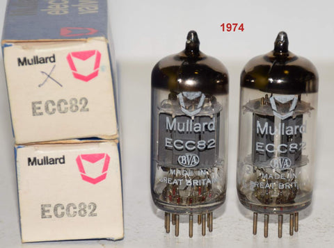 (!!!!!) (Best Pair #1) 12AU7=ECC82 Mullard UK ribbed plates NOS 1974 same date codes (9.2/9.1ma and 9.2/10.2ma) (Rogue, Hovland, Audio Note, Prima Luna) (Same Gm)