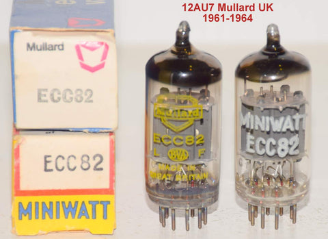 (!!!!!) (Best Pair #3) 12AU7=ECC82 Mullard UK ribbed plates NOS 1961-1964 (10/9.6ma and 10.8/10ma) (Rogue, Hovland, Audio Note, Prima Luna) (Close Gm)
