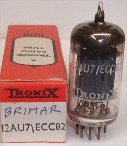12AU7=ECC82 Brimar branded Tronix tall narrow plates used/good 1960 (6.4/7.2ma)