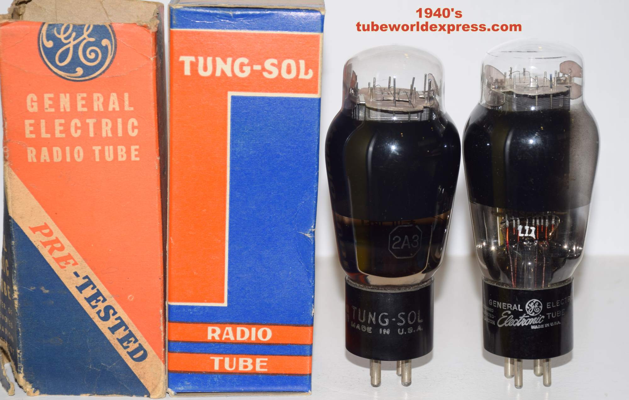 (!!!!) (BEST PAIR) 2A3 Tungsol coated glass (1 tube) rebranded GE NOS  parallel black ribbed plates mid 1940's same build (114ma and 116ma) (sound 