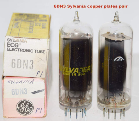 (PAIR) 6DN3=6CM3 Sylvania copper plates NOS 1970 era same build, 1 tube rebranded GE (1 pair) (Leben 600x)