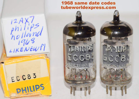 (!!!!!) (Best Value Pair) 12AX7=ECC83 Philips Holland like new 1968 same date codes (1.5/1.7ma and 1.7/1.8ma) (Highest mA and Gm) 1-3% matched