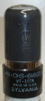VT-107A=JAN-CHS-6V6GT Sylvania black plate / gray coated glass NOS mid-1940's (31ma)