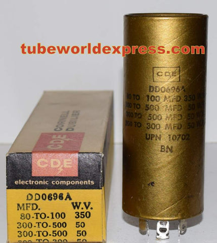 80-100uf/350VDC, 2 sections @ 300-500uf/50VDC and 1 section 200-300uf/50VDC Cornell CDE FP NOS 3.625