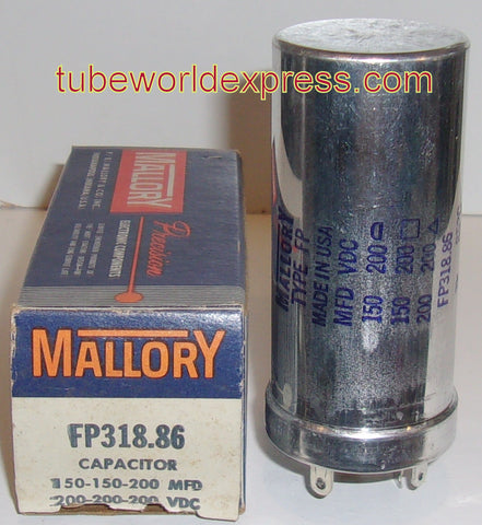 200/150/150uf @ 200VDC Mallory metal can cap NOS (FP318.86) (3