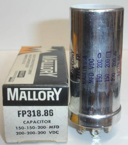 150uf/200V, 150uf/200V, 200uf/200V Mallory FP metal can chassis mount cap NOS 1980's (1.375